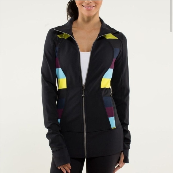 Lululemon Nice Asana Jacket Black Pow Stripe Split Pea Full Zip Thumb Holes - Picture 2 of 14